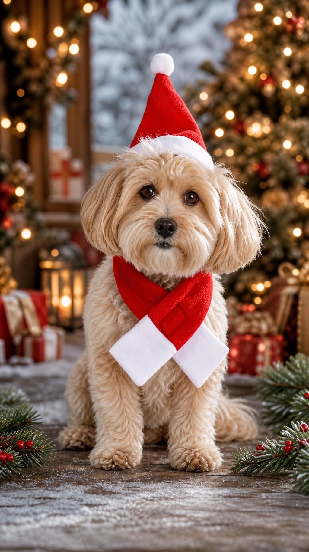 Ensemble bonnet et écharpe de Père Noël pour chien et chat, vue 2